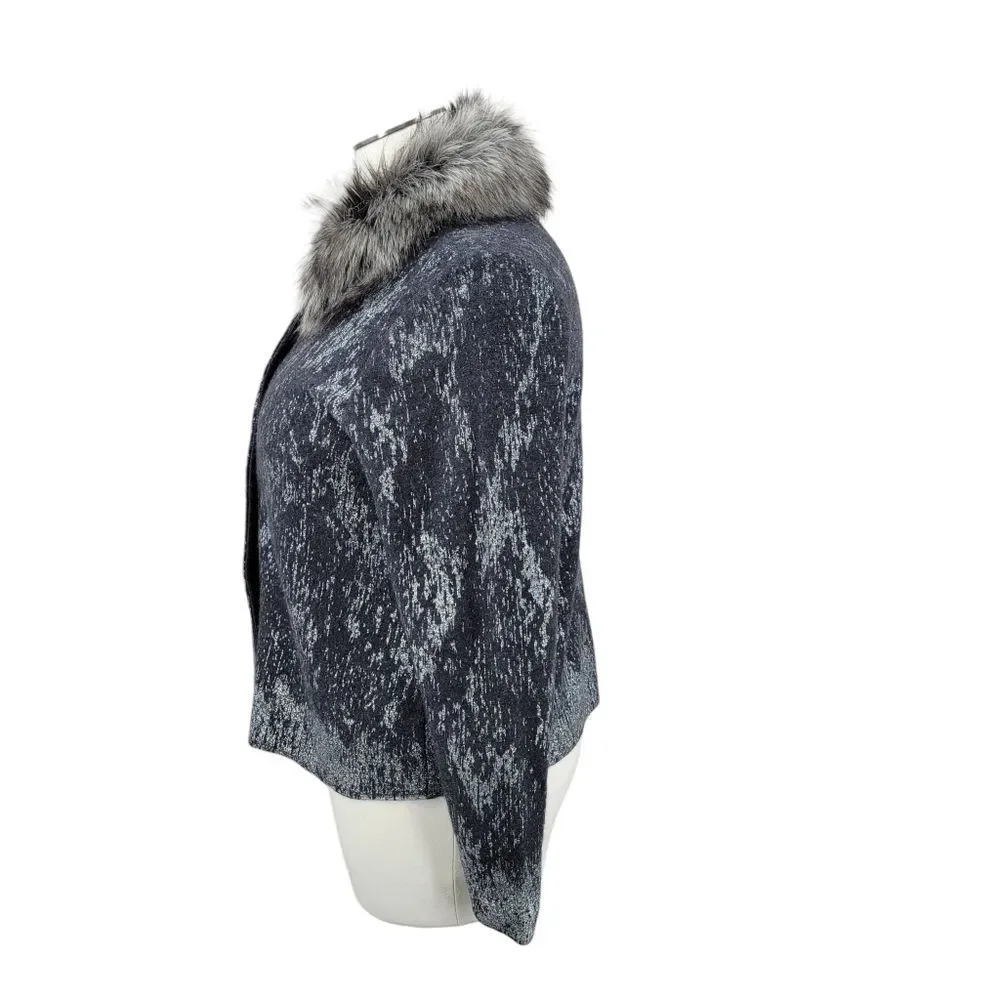 Chico's Wool Gray Button Up Cardigan Sweater Jacket with Faux Fur Collar